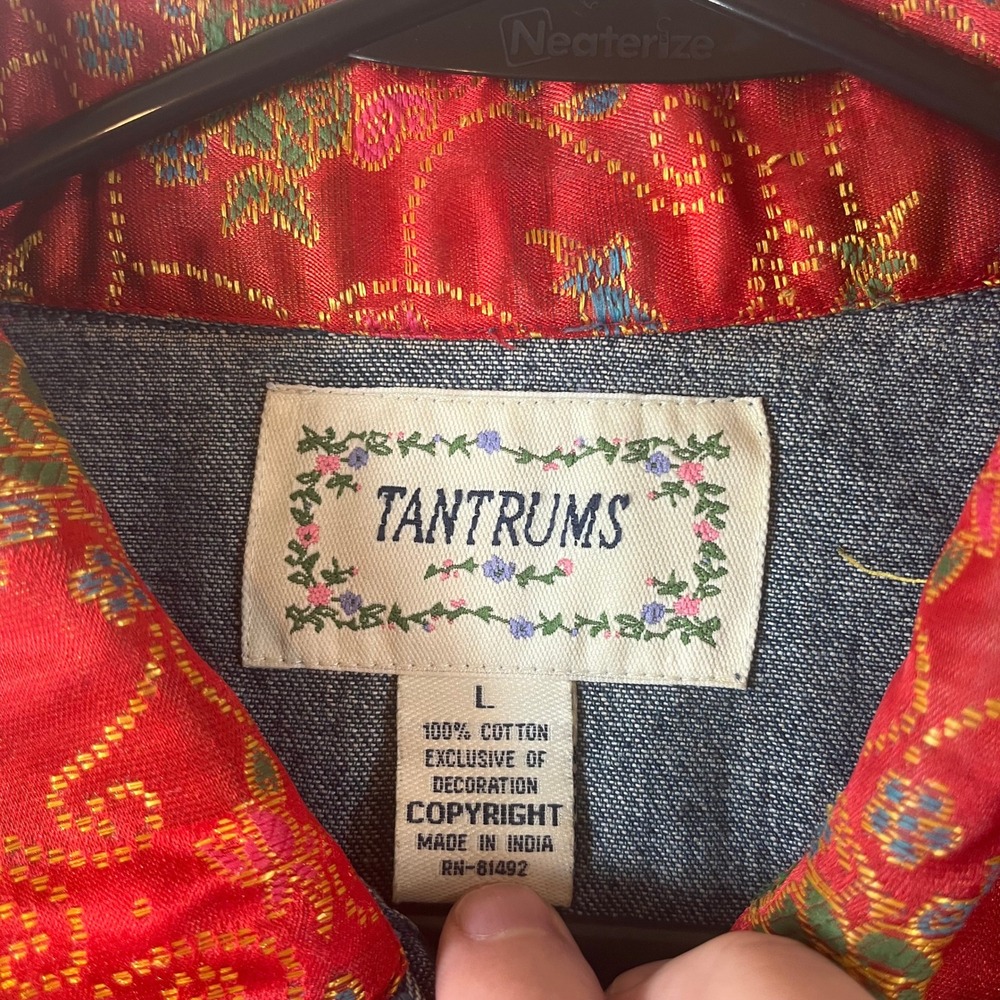 Tantrums Vintage Denim Jacket Women L Cat Patchwork Embroidered Art to Wear - Picture 3 of 16